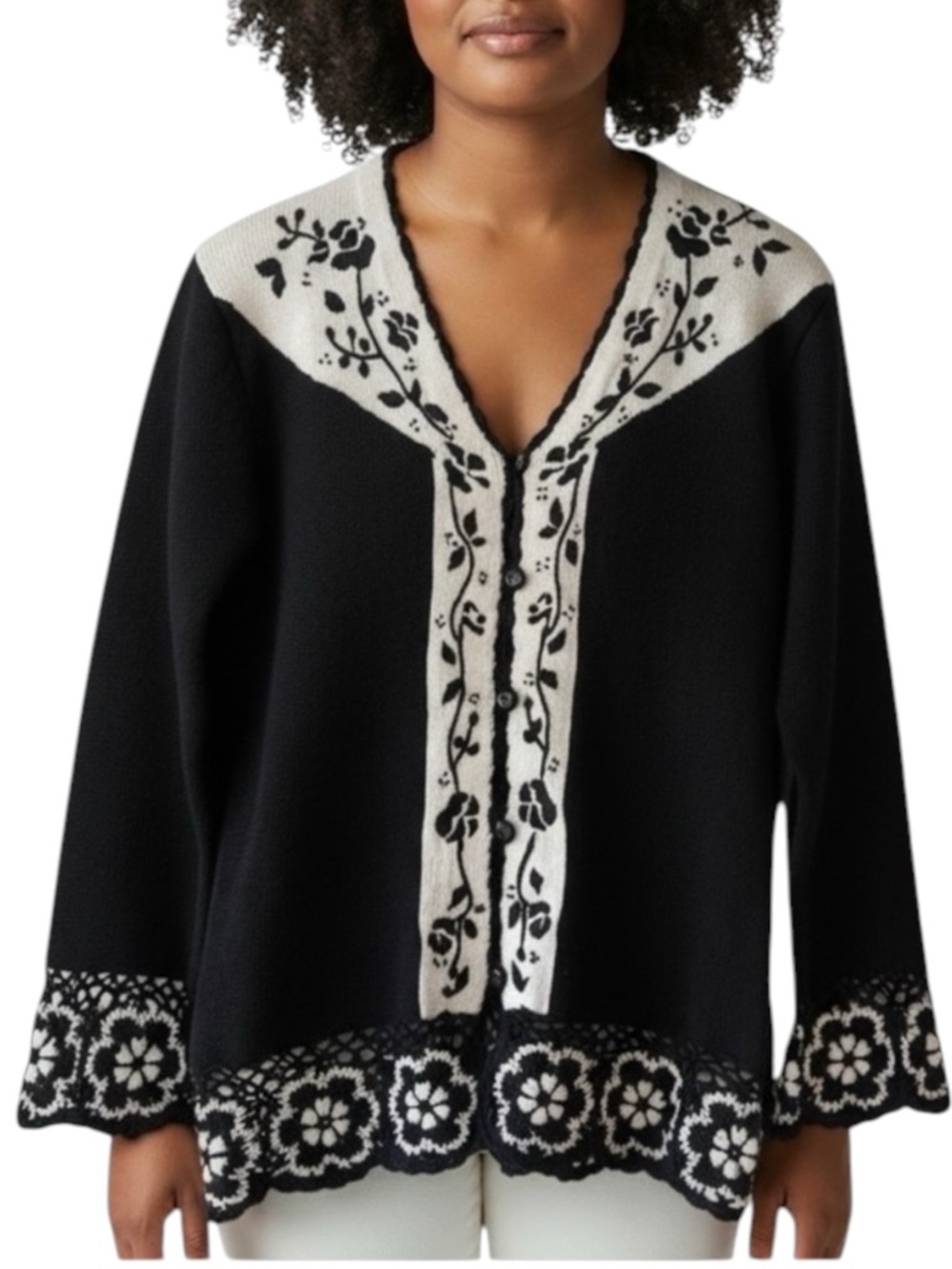 STORYBOOK KNITS for HSN Black/White Floral Cardigan Size Large— THICK & COZY!!!